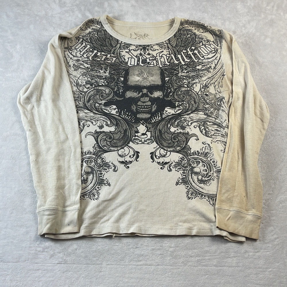 Mass Destruction Skull Men's Long Sleeve Thermal Shirt Cream Size L Y2K Grunge